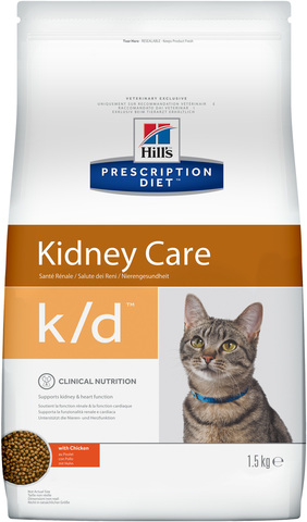 купить хиллс Hill’s™ Prescription Diet™ Feline k/d™ Kidney Care with Chicken сухой корм для взрослых кошек, диетический рацион при заболеваниях почек, МКБ (оксалаты, ураты)  1.5 кг