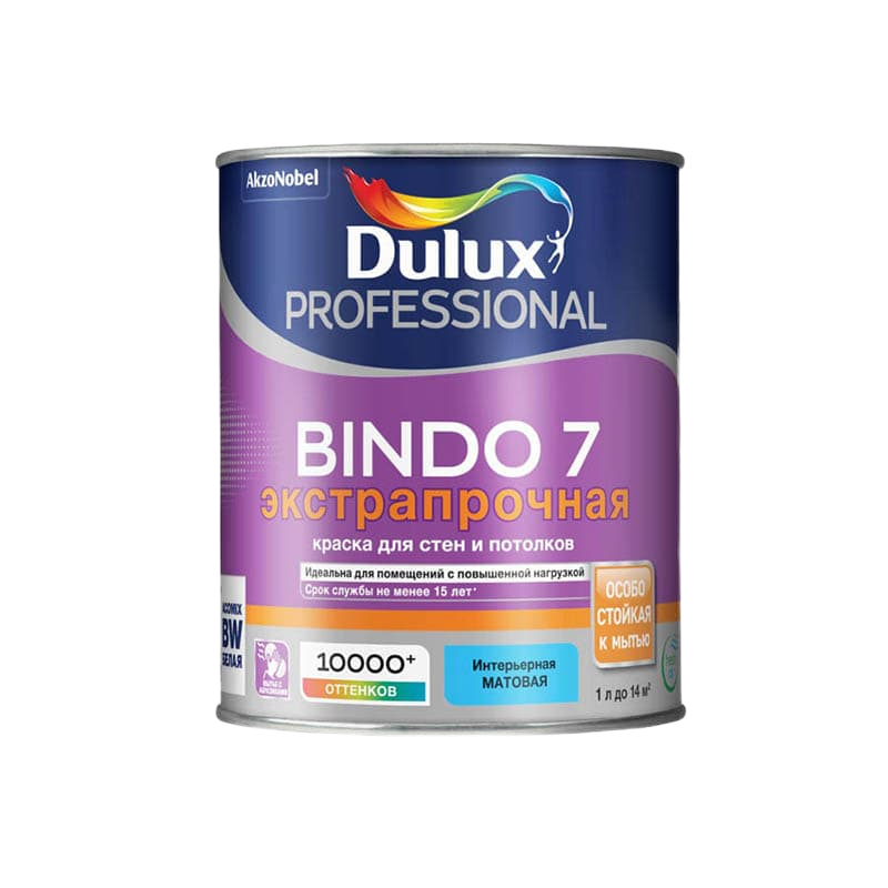 Матовая краска для стен и потолков DULUX BINDO 7, 1 л, база BW ...