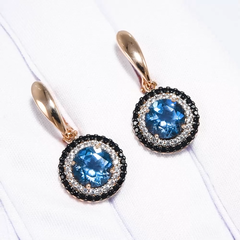 725279 -Серьги из золота 585пробы с круглыми лондон-топазами и черными фианитами