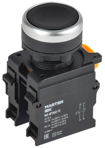 Кнопка d=22мм 1NO+1NC чёрная MASTER IEK