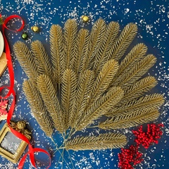 Еловая ветка, еловые лапки, рождественский декор, цвет под античное золото, 1 лапка 30 см, набор 20 шт.