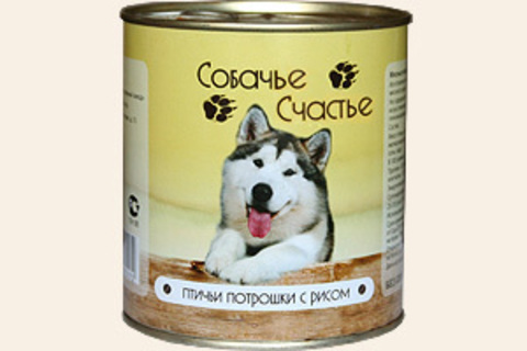 Собачье счастье Птичьи потрошки с рисом, 750г (упаковка 12 банок)