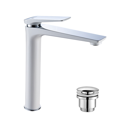 Lemark LM5909CW Смеситель для раковины, высокий, высота излива 25 см, длина 20 см, с донным клапаном клик-клак (хром), латунь/хром/белый