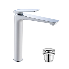 Lemark LM5909CW Смеситель для раковины, высокий, высота излива 25 см, длина 20 см, с донным клапаном клик-клак (хром), латунь/хром/белый фото