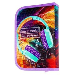 Пенал 1 отделение 2 откидные планки Alingar, лам. картон, молния, 140 х 210 мм, "Наушники", оранжево-красный (бирюзовые наушники)