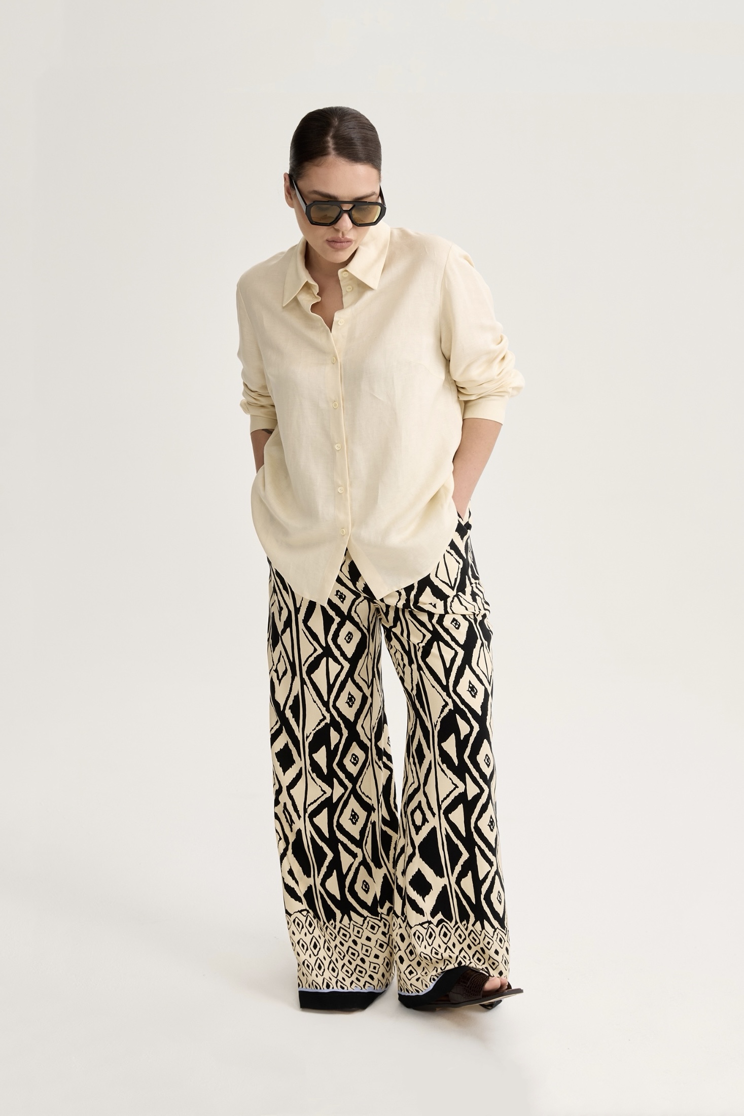 Рубашка с длинным рукавом изо льна, сливочный