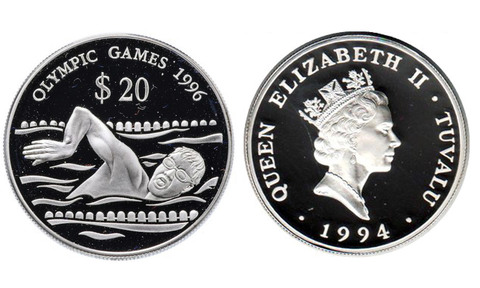 2 доллара. Олимпиада 1996. Плавание. Тувалу. 1996 г. Proof