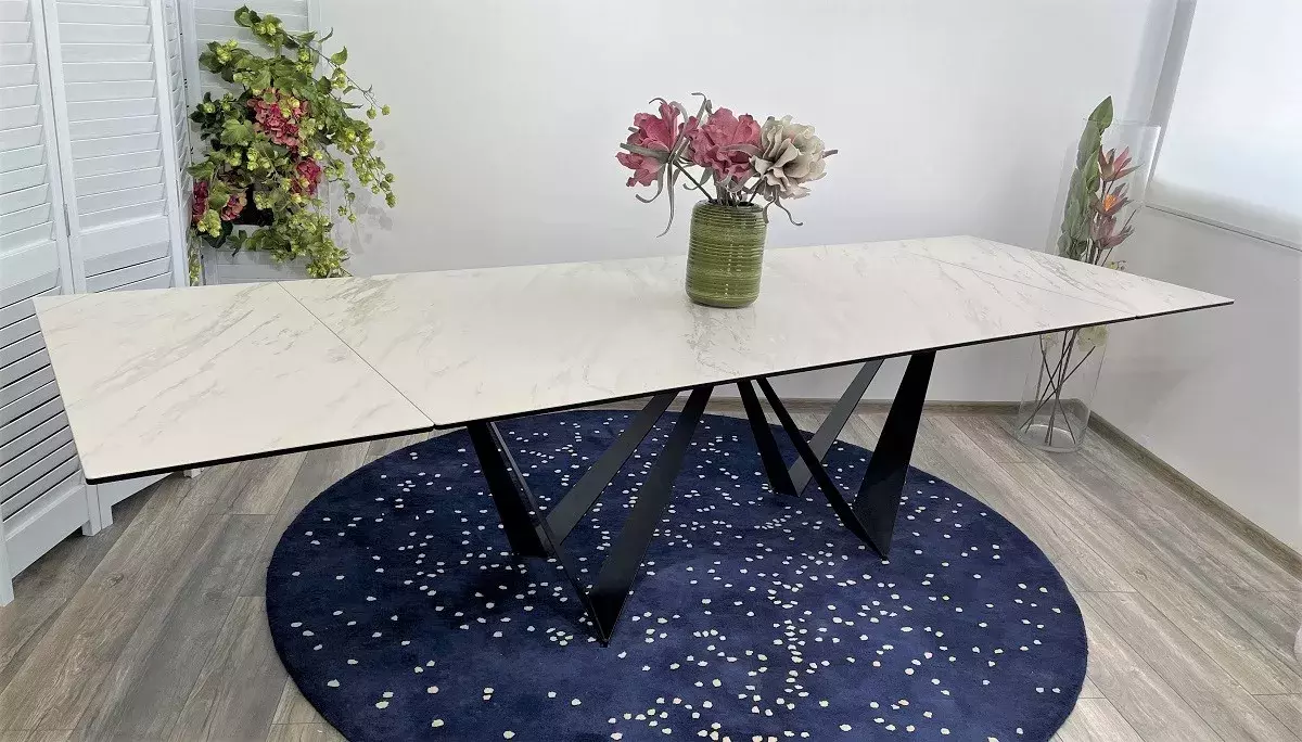 Стол RIETI 200 KL-99 Белый мрамор матовый, итальянская керамика / черный каркас, DISAUR