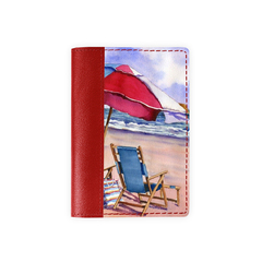 Обложка на паспорт комбинированная "Шезлонги под зонтиками", красная