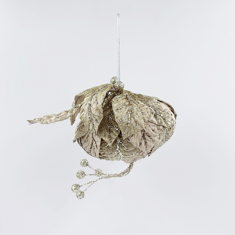 Елочная игрушка Шар-луковка из листьев 13х20см ChristmasDeLuxe бежевый с глиттером