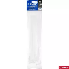 ЗУБР КОБРА, 4.6 x 255 мм, нейлон РА66, 25 шт, белые, кабельные стяжки с плоским замком, Профессионал (30930-46-255)