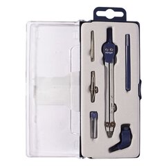 
          Готовальня Alingar, 6 предметов,метал. циркуль,удлин. цирк.,насадка с ун.держателем,грифель, точ. насадка,рейсфедер, пл. футляр, европод., синий