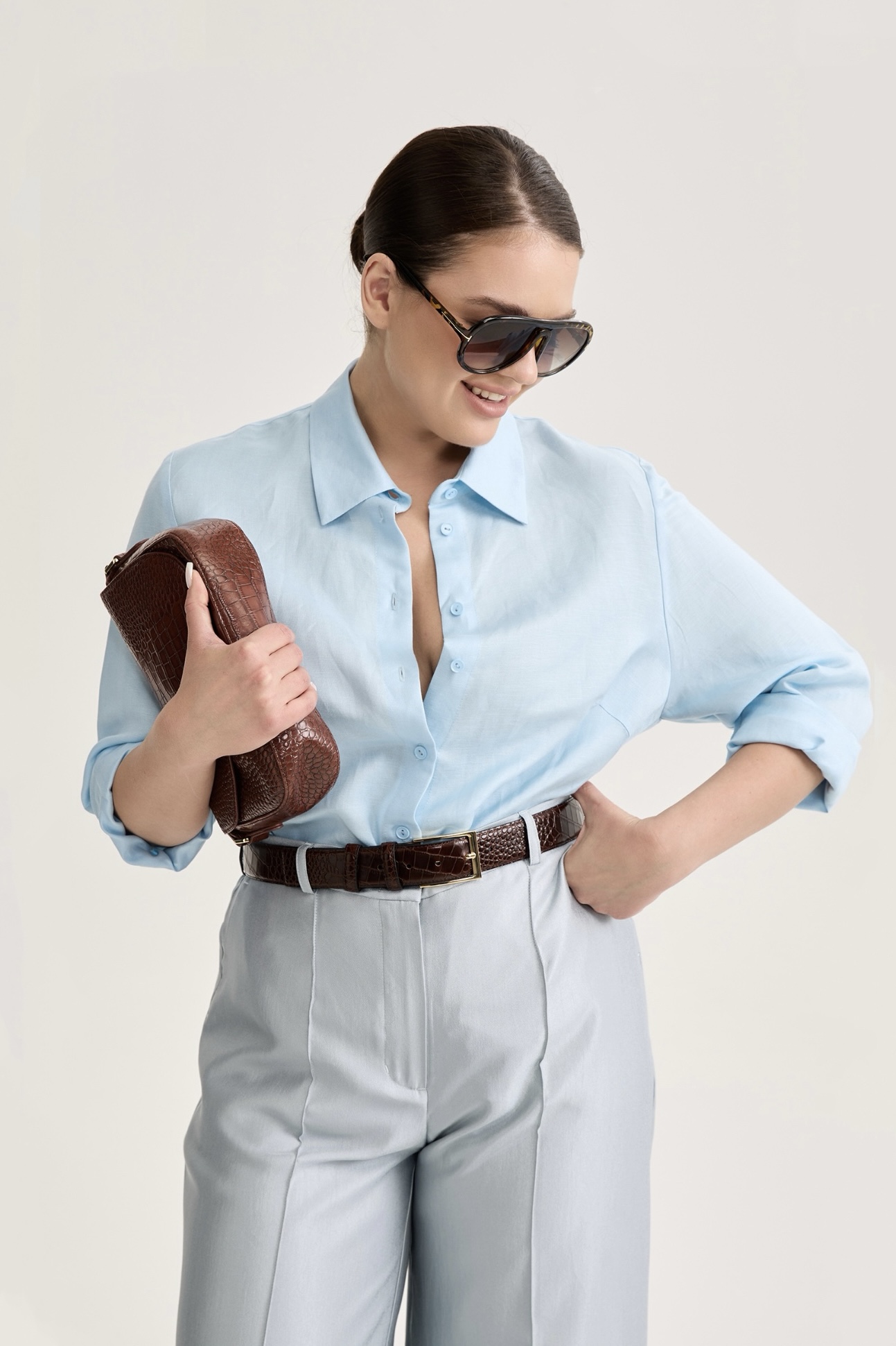 Рубашка с длинным рукавом изо льна, голубой