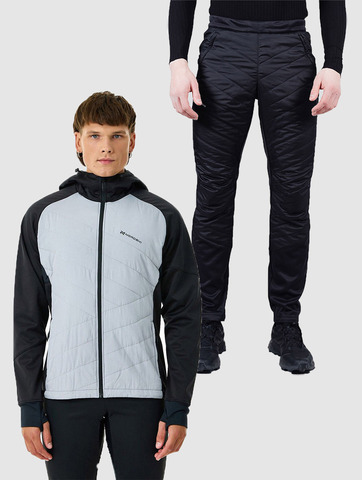 Премиальный костюм для лыж и зимнего бега Nordski Hybrid Hood Warm 2.0 Black-Grey