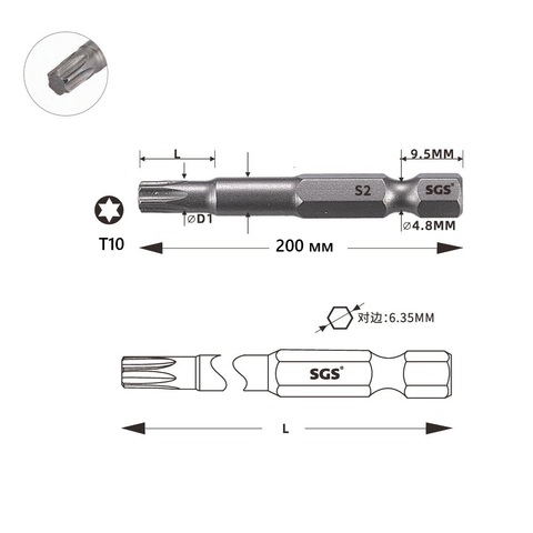 Бита T10 х200мм TORX S2 1шт SGS 63200-T10