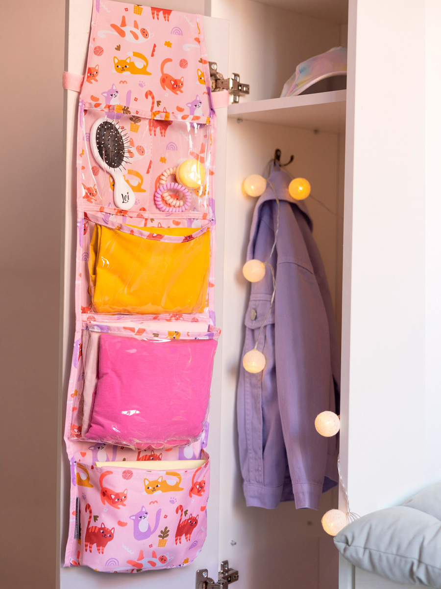Кармашки в садик для детского шкафчика 83х24 см, Котики принт (розовый)