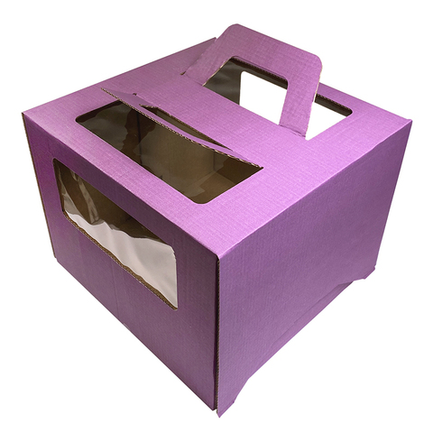 Коробка для торта 28*28*20 см, Фиолетовая, с ручками и окнами