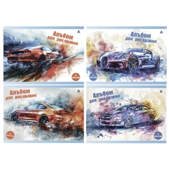 
          Альбом для рисования А4 12л., Alingar, на скрепке, мелованный картон (стандарт), 100 г/м2, "Авто в акварели", 4 дизайна в пленке т/у