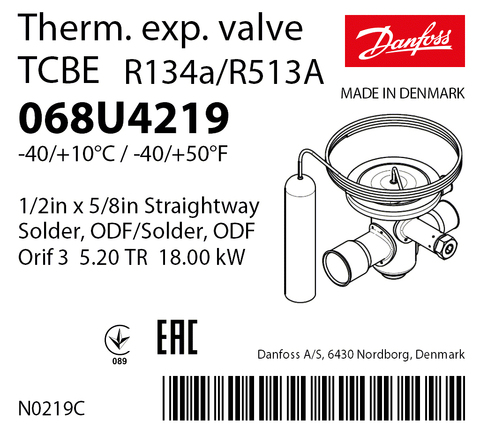 Терморегулирующий клапан Danfoss TCBE 068U4219 (R134a/R513A, без МОР)