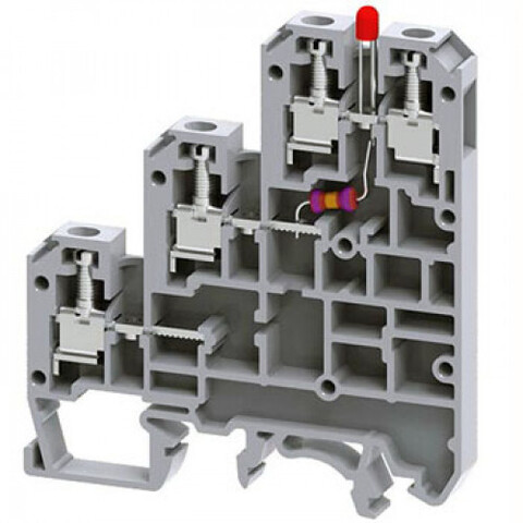3-х уровневая клемма, четыре терминала (1+1+2) с винтовыми зажимами проводника до 2.5 мм.кв., с индикацией