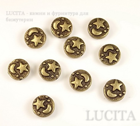 Бусина металлическая круглая плоская "Месяц и звезда" 9х4 мм (цвет - античная бронза), 10 штук ()