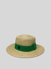 Шляпа соломенная с зеленой лентой и круглой вставкой