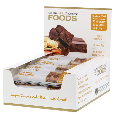 California Gold Nutrition, Foods, батончики с арахисом и кусочками черного шоколада, 12 штук, 40 г (1,4 унции) каждый