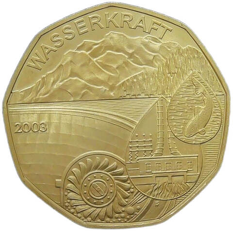 Австрия 5 евро 2003 ''Гидроэнергетика'' позолота (UNC)