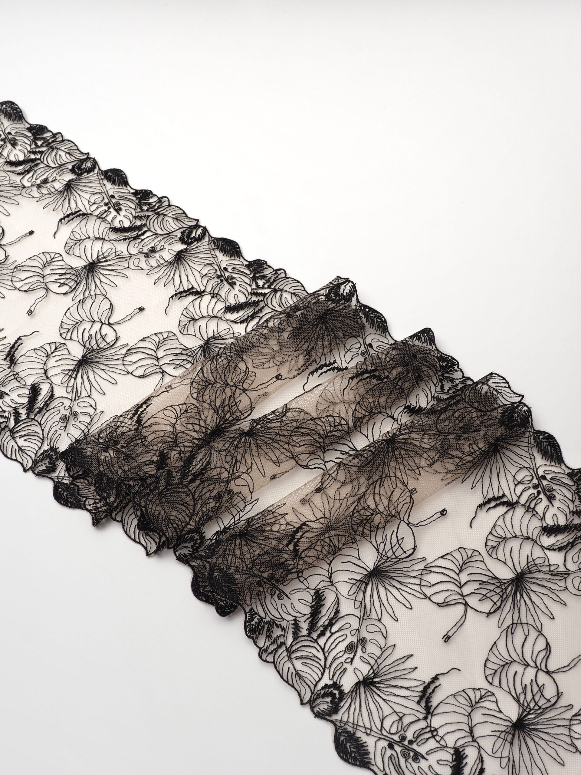 Вышивка на сетке телесная с черным неэластичная ширина 21 см