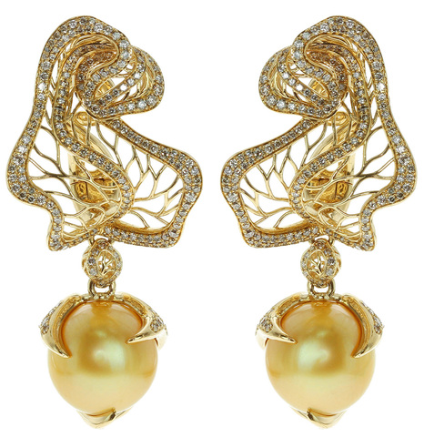 Серьги Физалис c Жемчугом и Бриллиантом Шампань, E0111-0/3