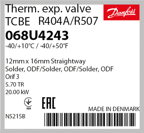 Терморегулирующий клапан Danfoss TCBE 068U4243 (R404A/R507, без МОР)