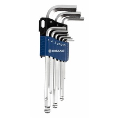 Набор ключей угловых шестигранных КОБАЛЬТ 1.5, 2, 2.5, 3, 4, 5, 6, 8, 10 мм с шаром Cr-V (020401-09)
