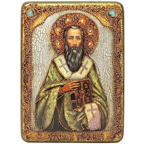 Инкрустированная икона Святитель Василий Великий 29х21см на натуральном дереве в подарочной коробке
