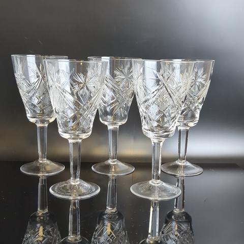Бокалы хрустальные набор из 5 штук геометрический орнамент, алмазная грань, 16 см, (объём-? мл), винтаж СССР 1970-1990 гг