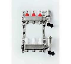 Коллекторная группа Grosseto с расходомерами 1"x¾" 3 выхода, нержавеющая сталь 10 бар универсальный кронштейн, автоматический воздухоотводчик