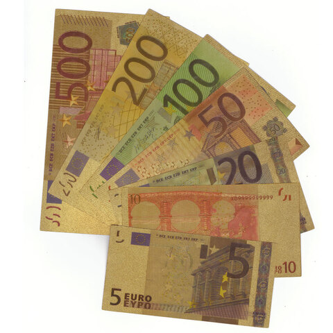 Комплект из 7 сувенирных позолоченных банкнот Евро с цветной печатью (5, 10, 20, 50, 100, 200 и 500) 2002 года