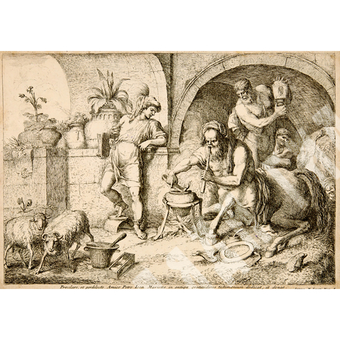 Дзанетти А. М., Дзомпини Г. Кентавр Хирон учит Ахилла искусству магии. Бумага, офорт. Венеция. 1758.