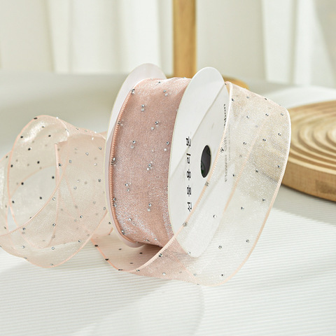Лента органза со стразами (4см*9,14м), Пудровый, 1 шт.