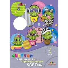 
          Картон цветной Апплика, А4, гофрированный перламутровый, 4 листа, 4 цвета, картонная папка, "Веселые кактусы"
