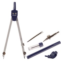 
          Готовальня Alingar, 6 предметов,метал. циркуль,удлин. цирк.,насадка с ун.держателем,грифель, точ. насадка,рейсфедер, пл. футляр, европод., синий