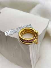 Золотистое двойное кольцо с розовыми камнями и булавкой