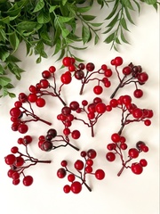 Ягоды рябина красно-бордовые искусственные на ветке, зонтиком, ягодки 0,9-1,5 см, набор 10 шт.
