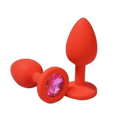 Анальная пробка из красного силикона с розовым кристаллом (размер S)