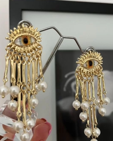 73344- Серьги YELLOW EYE в стиле Schiaparelli с подвесками из речного жемчуга