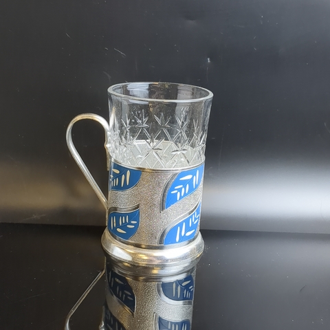 Подстаканник "Синие листья" с хрустальным стаканом, алюминий, роспись, Казаковский завод художественных изделий, СССР, 1960-1970 гг.