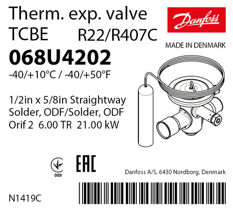 Терморегулирующий клапан Danfoss TCBE 068U4202 (R22/R407C, без МОР)