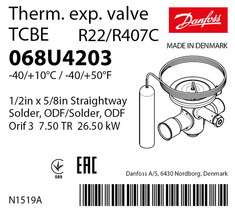 Терморегулирующий клапан Danfoss TCBE 068U4203 (R22/R407C, без МОР)