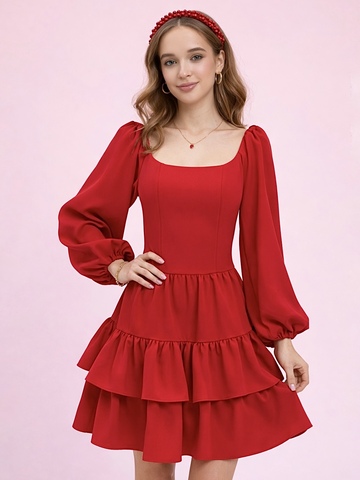 Платье праздничное ярусное с воланами для девочки красное