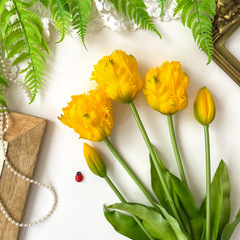 Тюльпаны силиконовые как настоящие, Волнистый край, качество ПРЕМИУМ, Желтые, высота 40 см, букет 5 штук.