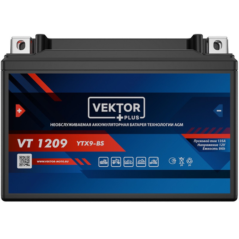 АКБ VEKTOR VT 1209 EB9-4 YTX9-BS, YTX9 (150 x 87 x 105) 8Ач (CT1209)